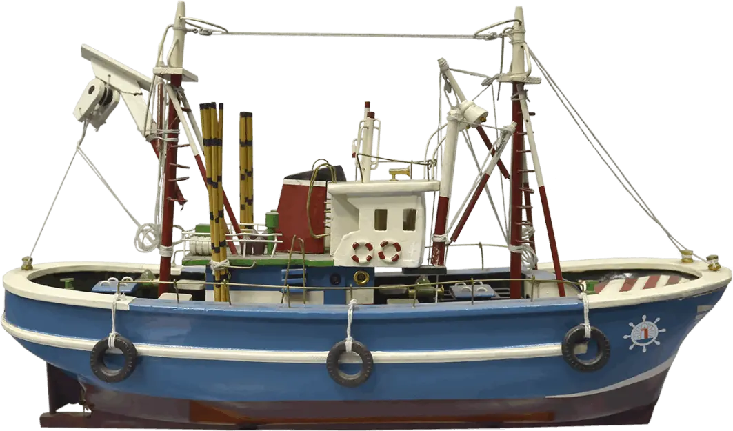 Barco pesquero clasico antiguo en miniatura frescos y congelados